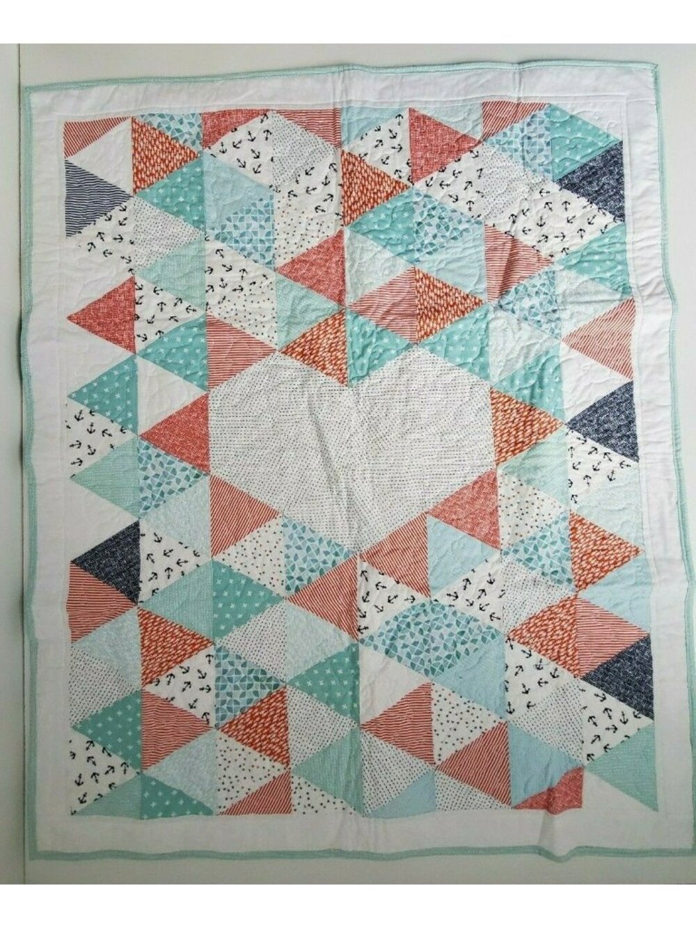 Handmade Baby Quilt Nautical Fish Anchors Stars Blue Red Crib Blanket NEW